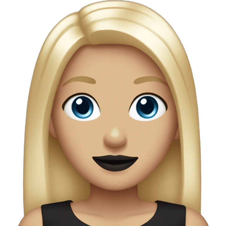 Blonde hair straight, blue eyes, black lips, smiling, and black top emoji