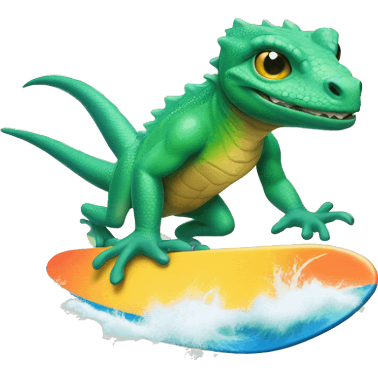 Create an image of a lizard 🦎 riding on a surfboard 🏄 in the ocean 🌊. The lizard should look like it's having fun, with a cool and playful vibe emoji