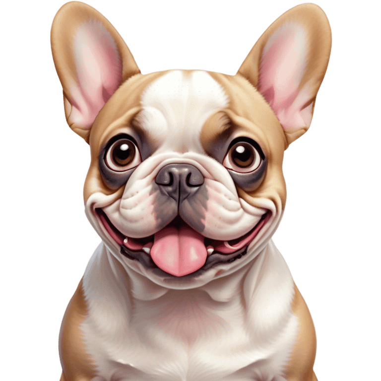 Cinematic Comical Pied French Bulldog Portrait Emoji, Head tilted with an exaggeratedly shocked, comical expression and wide, humorously expressive eyes, showcasing a distinctive pied fur of contrasting hues and a charmingly goofy face, simplified yet hilariously detailed, glowing with a sassy, playful radiance, high shine, exuding a mischievous and meme-worthy charm, styled with a soft glowing outline, capturing the essence of a Pied French Bulldog that looks ready to spark a viral laugh! emoji