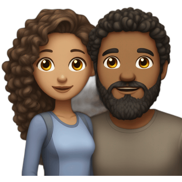 light brown skin girl with long curly brown hair and her boyfriend with black beard and light skin emoji