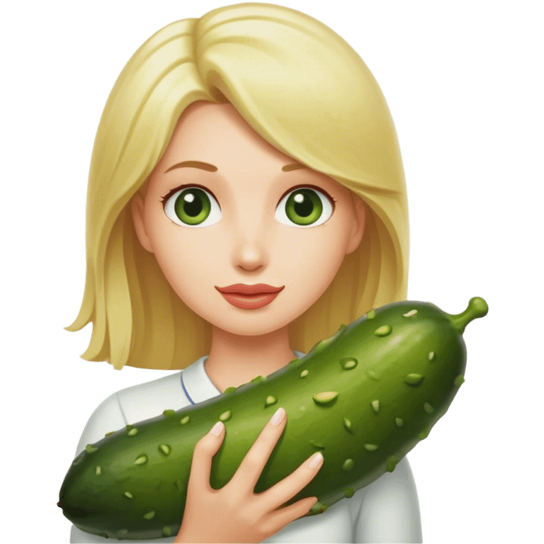 Blonde woman holding big pickle emoji