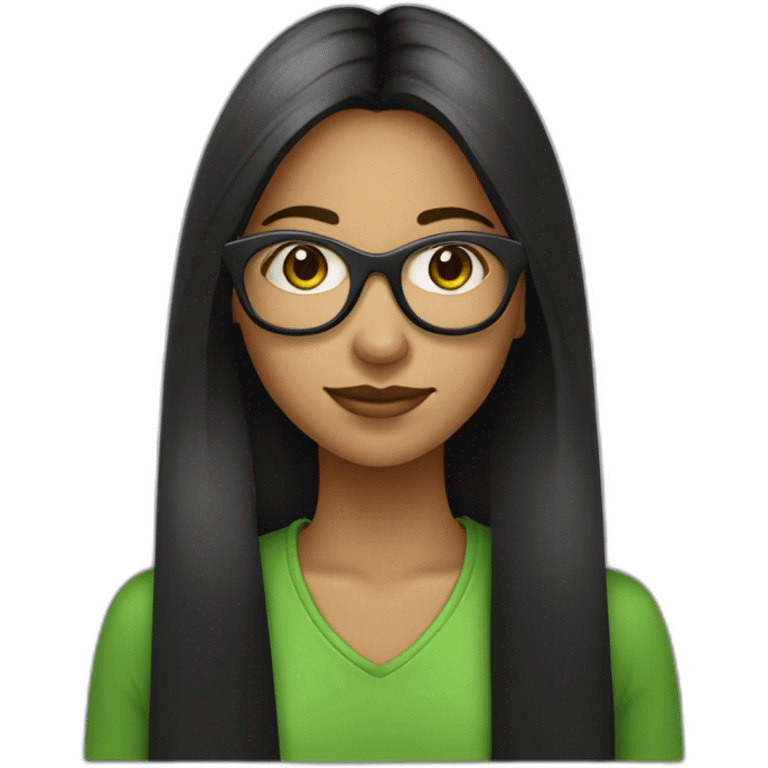 une fille avec de long cheveux noir lisse , et avec des lunette (en forme de carrer un peu déformé) assez grosse comparer a ça tête ,et elle a des yeux vert emoji