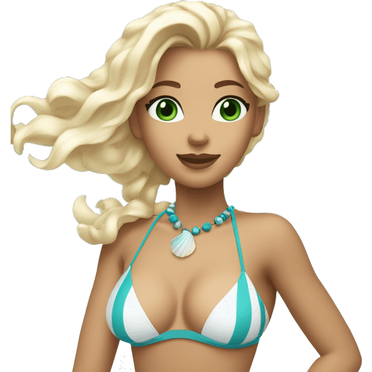 Girl with blonde hair green eyes and a shell necklace in a blue bikini and white shells but white blonde and beach waves  emoji