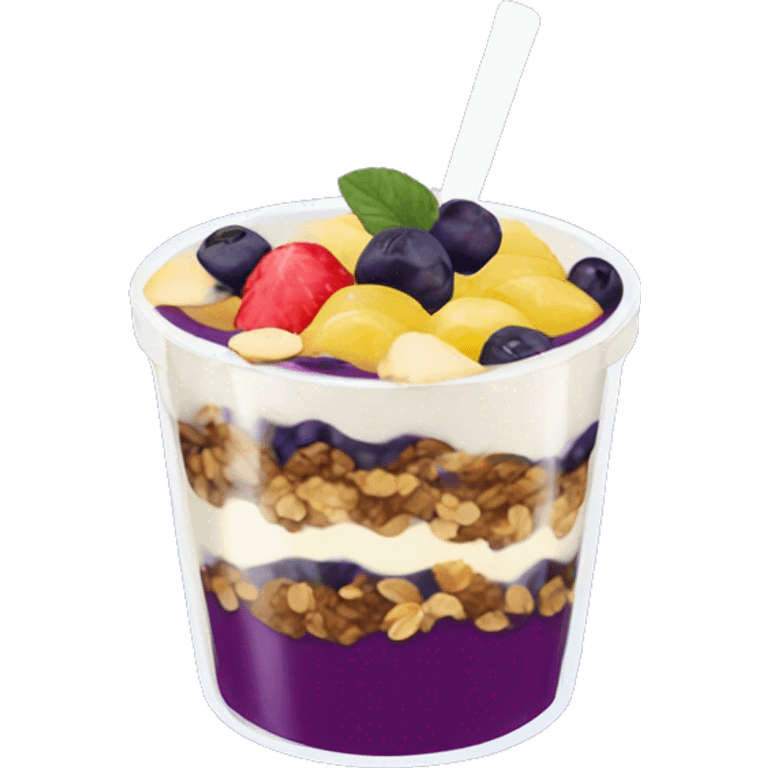 Açaí in a clear cup with layers of fruits and granola and condensed milk emoji