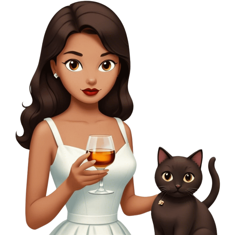 Beautiful woman in 1950’s woman fashion look, white dress, long dark brown hair, whisky with ice, black cat emoji