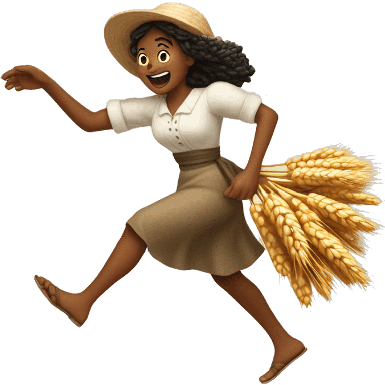 huckleberry Finn harvest goddess sprinting with wheat, with a large stride and arms outstretched emoji