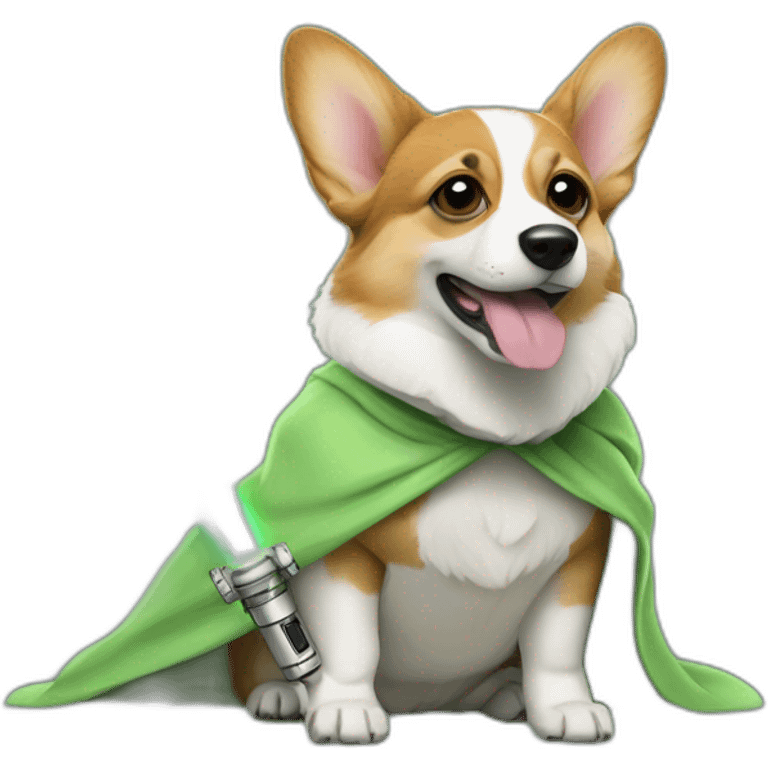 Corgi dress as yoda with one light saber green emoji