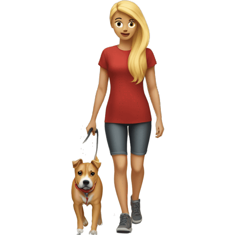 Blonde girl walking red amstaff emoji