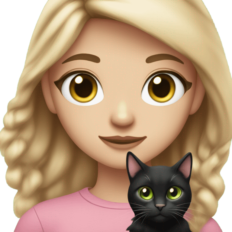 teenage girl with light brown hair, slightly wavy with volume, dark green eyes, long eyelashes, pretty face, scandinavian, wearing pink top, holding a cat with mostly black fur but also a little bit white fur emoji