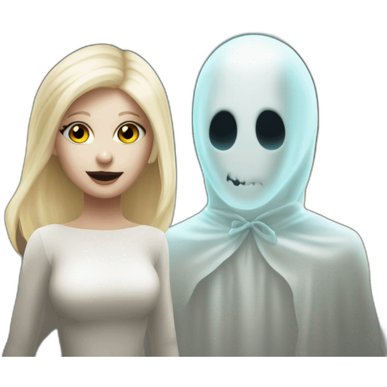 a blondie girl and a bald guy dressed as a ghost going to a party emoji