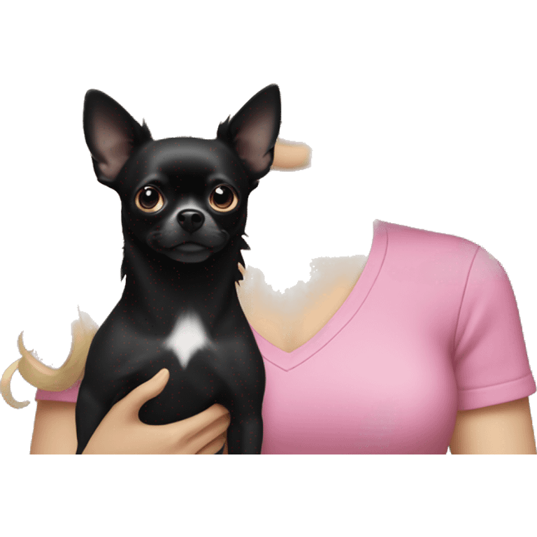 White girl with blonde hair and blue eyes wearing a pink shirt holding a black long hair chihuahua emoji