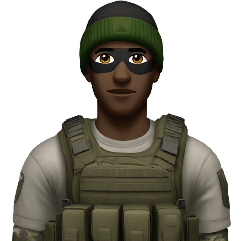 white male, tall, call of duty Logan mask, green camo tactical gear, combat boots, black beanie, hazel eyes emoji