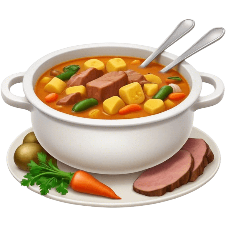 Cinematic Realistic Sancocho Soup Dish Emoji, featuring a rich, hearty stew with diverse meats and vegetables rendered with lifelike detail and warm, comforting lighting. emoji