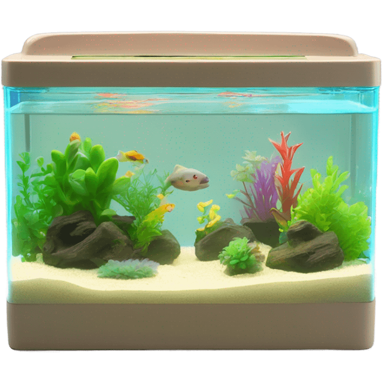 Rectangular fish tank, beige lid and wedgesk with plants inside  and glow tetra fish in neon colors  emoji