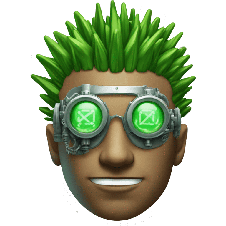 Green Mohawk hair male cyborg head with white steampunk goggles and circuits emoji