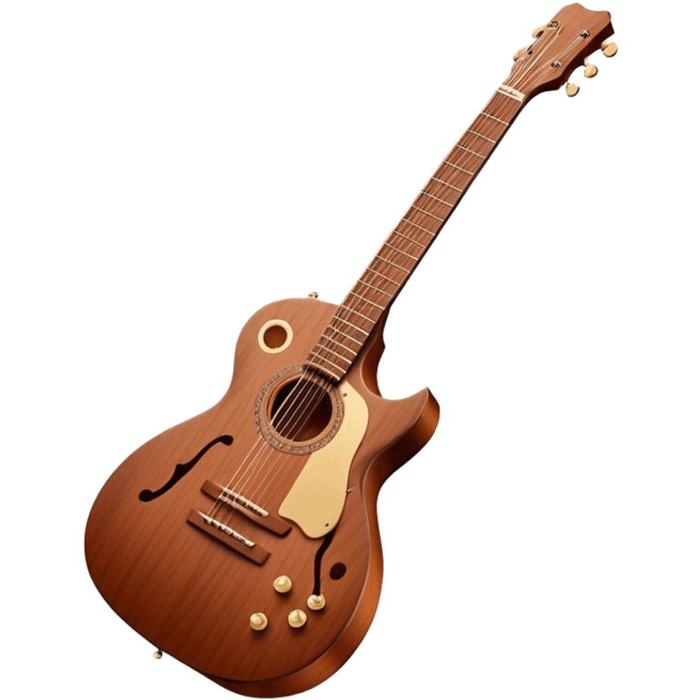 Cinematic Realistic Guitar, smooth mahogany body with deep wood grain, metal strings catching soft reflections, intricate tuning pegs gleaming subtly, warm light accentuating the contours, glowing with the warmth of music and craftsmanship. emoji