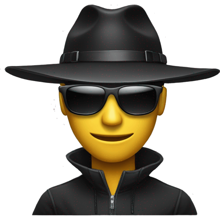 black hat hacker with bla sunglasses behind a computer emoji