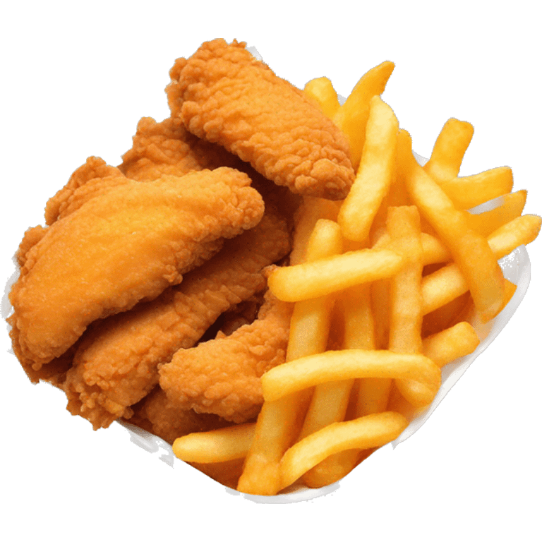 3 chicken tenders with crinkle fries and orange sauce on the side in a styrofoam container emoji