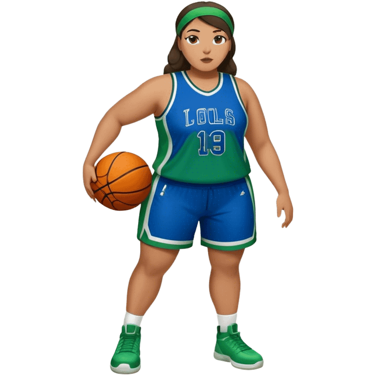 Full Body Latino plus size women basketball player wearing blue and green uniform emoji