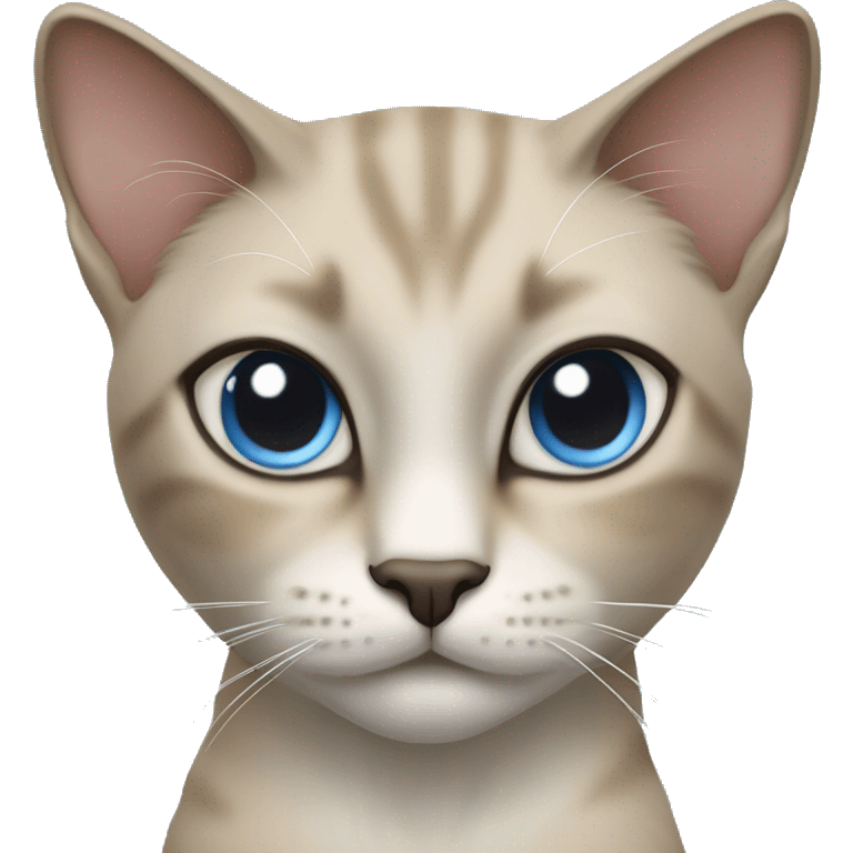 Thai breed cat with a light cream-brown body, dark gray face, ears, and paws. Short fur, sharp ears, and striking light blue eyes with an intense gaze. emoji