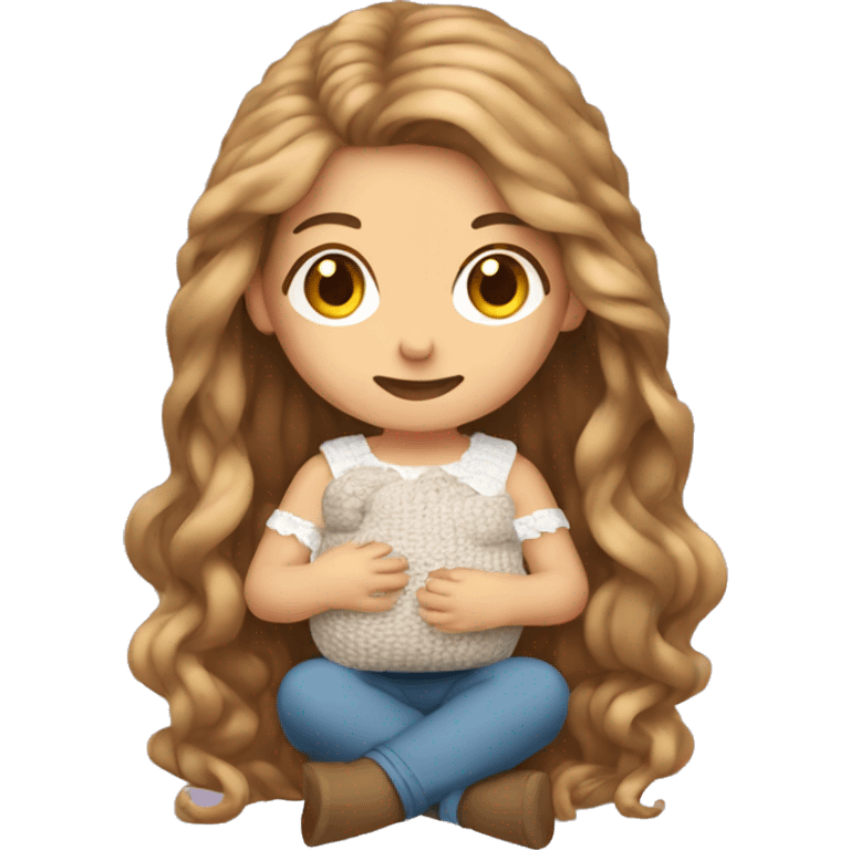 woman with very long light brown hair sitting on the ground crocheting baby clothes emoji