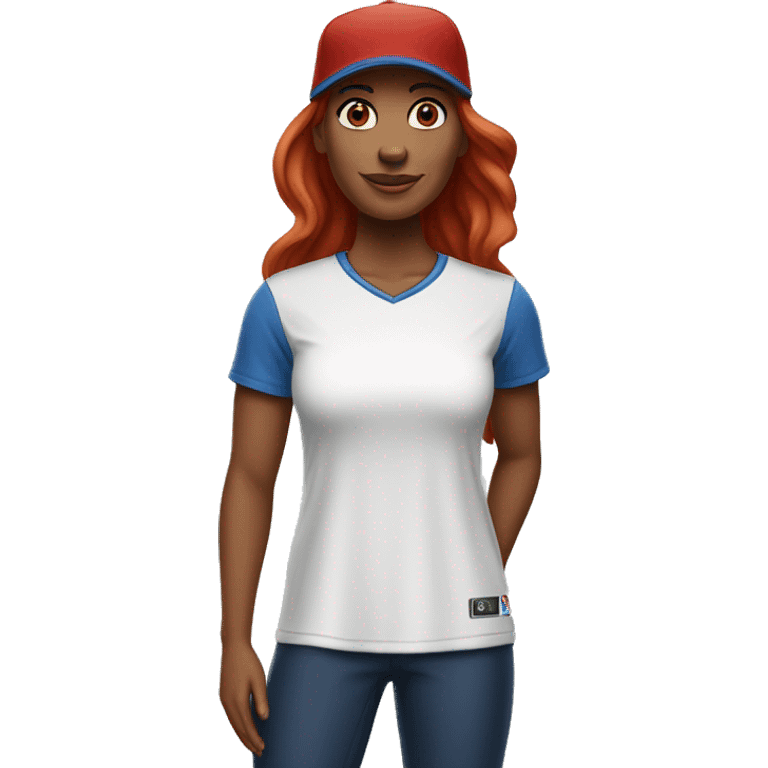 standing up white female coach with long red hair in white t-shirt and with a simple blue baseball hat emoji