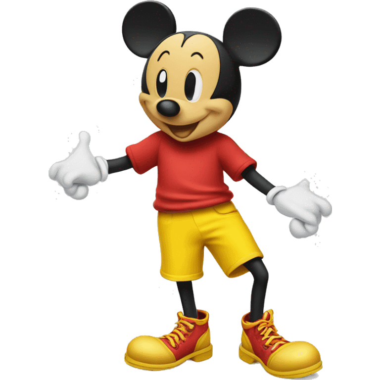 Mickey Mouse wearing red shorts and big yellow shoes, smiling happily. emoji