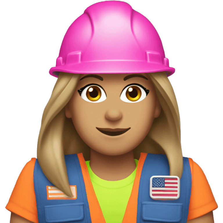 Jennifer Aniston is a construction worker wearing a neon pink safety vest with a hard hat and ear muffs. She has a patriotic patch on her vest  emoji