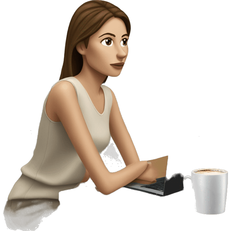 Side view realistic posh brown straight haired pale woman sits at the coffee table emoji