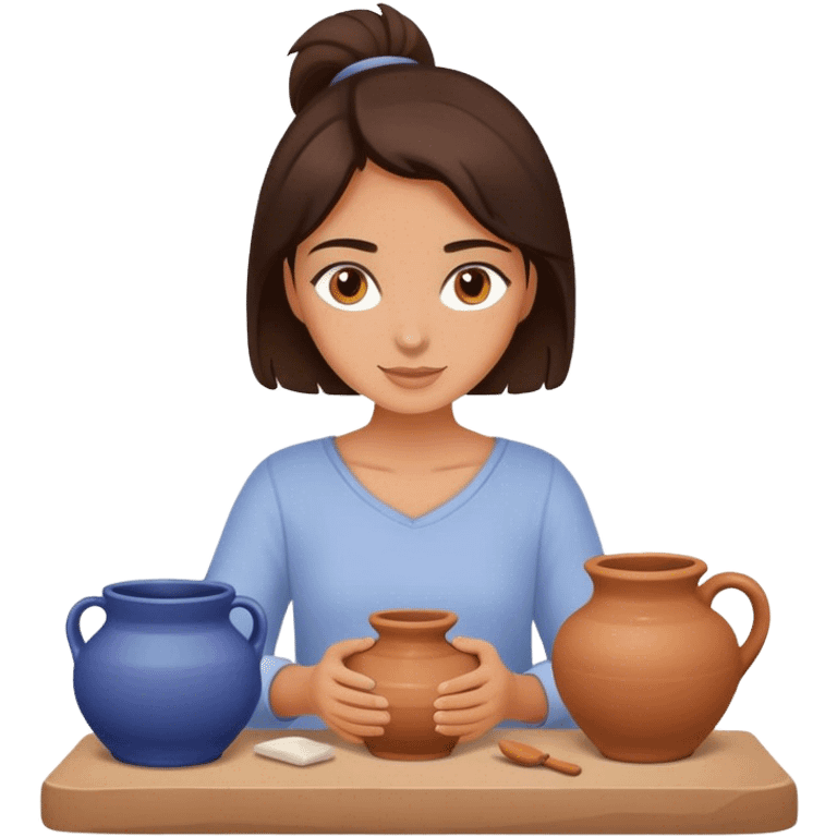 Brunette girl with hazel eyes, doing pottery, simple design emoji