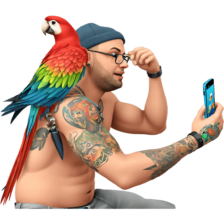 tattooed guy with parrot phone emoji