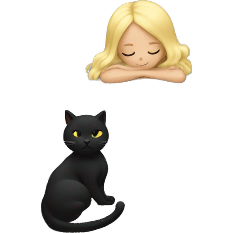 Blonde girl sleeping with black cat on bed emoji