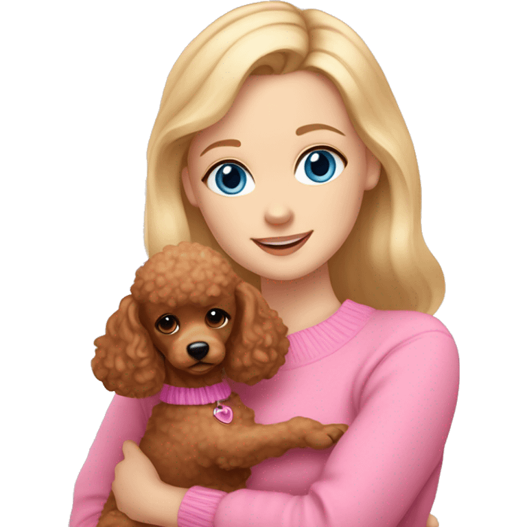 Pretty blue eyed white girl with blonde hair in a pink sweater holding a brown toy poodle with short ears emoji