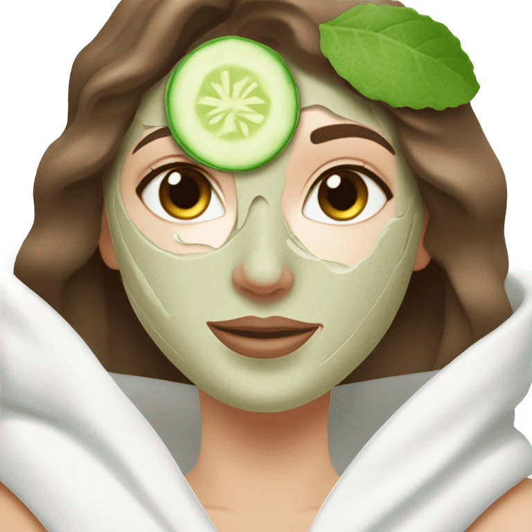 White girl with Brown hair and blue eyes wears a Green colored skincare clay textured mask and puts on cucumbers around her eyes while She relaxes in her white Robe emoji