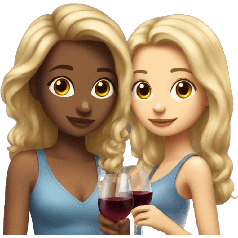 A blonde beautiful girl and a  super cute beautiful girl with brown hair drink wine together emoji