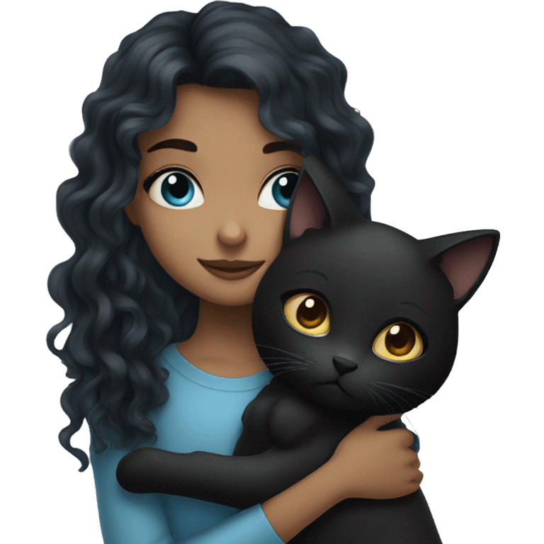 girl with gray blue eyes and long curly dark hair hugging black cat emoji