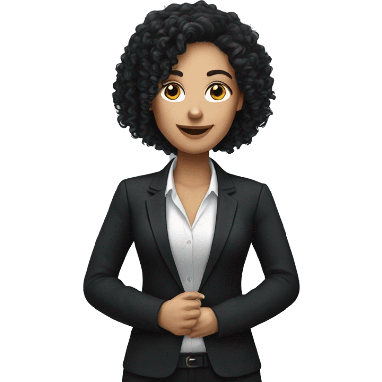 corporate white woman, long black curly hair, with a phone, black blazer  emoji