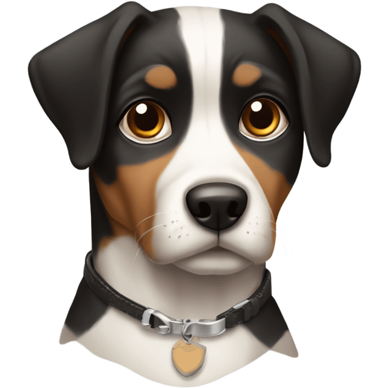 Black white and brown tri colored dog with big eyes wearing a T collar  emoji