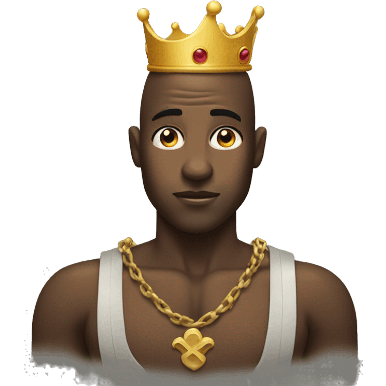 black bald man with crown on its head sweating with no shirt emoji