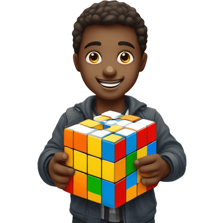 Garçon souriant avec un cube Rubik dans les main emoji