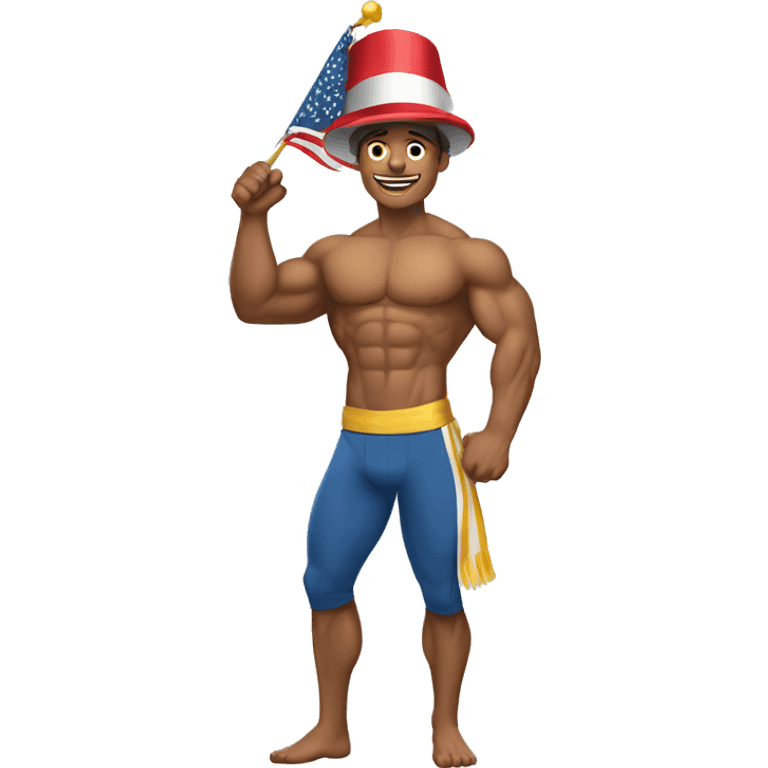 Create a full-body emoji of a muscular man, wearing a New Year's hat and holding a flag. emoji