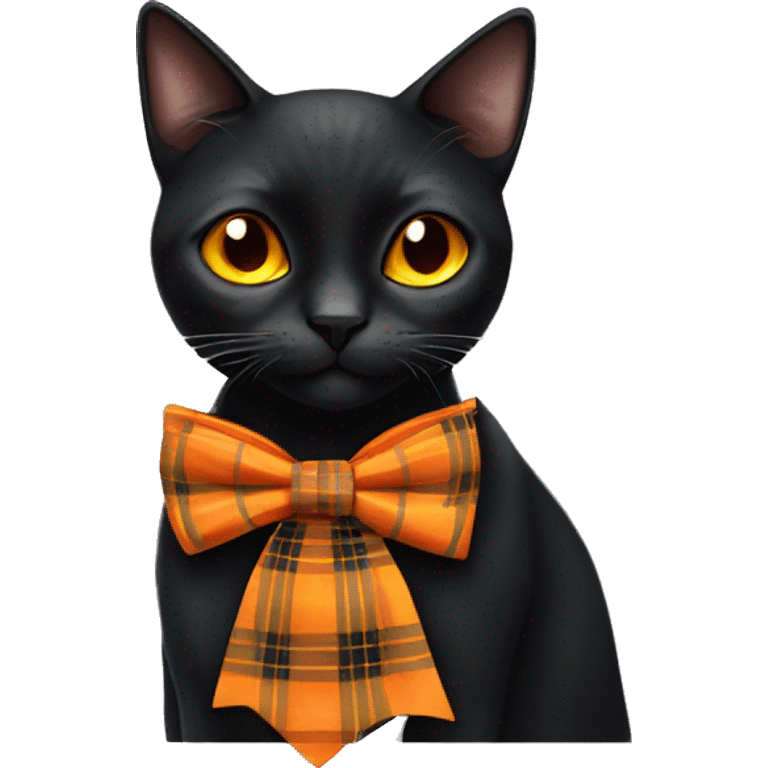 Black cat with orange eyes and a orange/black plaid bowtie emoji