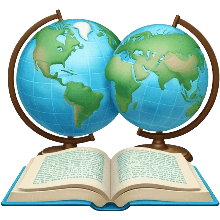 Create an emoji representing language translation. The design should feature just one globe in the background, symbolizing international communication. In front of the globe, place two opened books with texts on them and a pen nearby to indicate the act of writing. Use a clean and professional color palette with blues, greens, and neutral tones. Make the background transparent. emoji