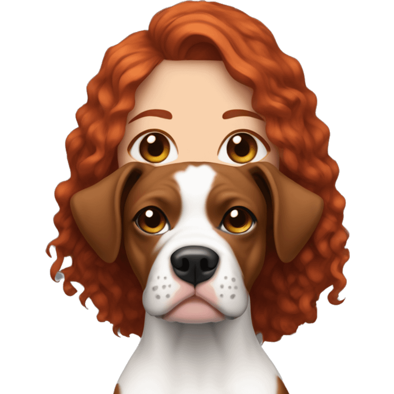 Long Red haired woman with septum piercing holding black and white English Staffordshire dog emoji