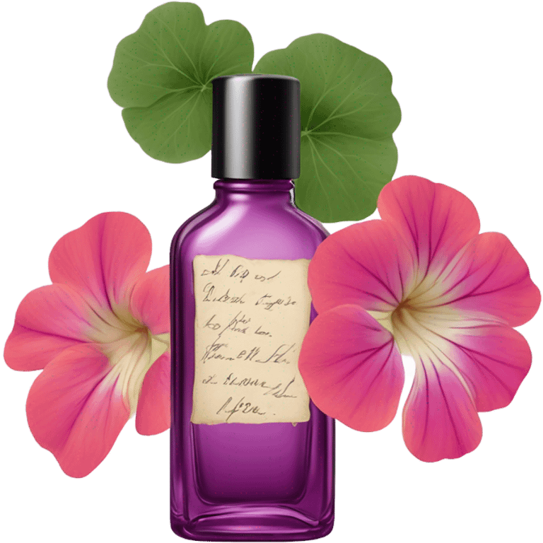 Aesthetic display of blush violet nasturtiums, an elegant deep pink perfume bottle, and a vintage love violet letter written in flowing script. emoji