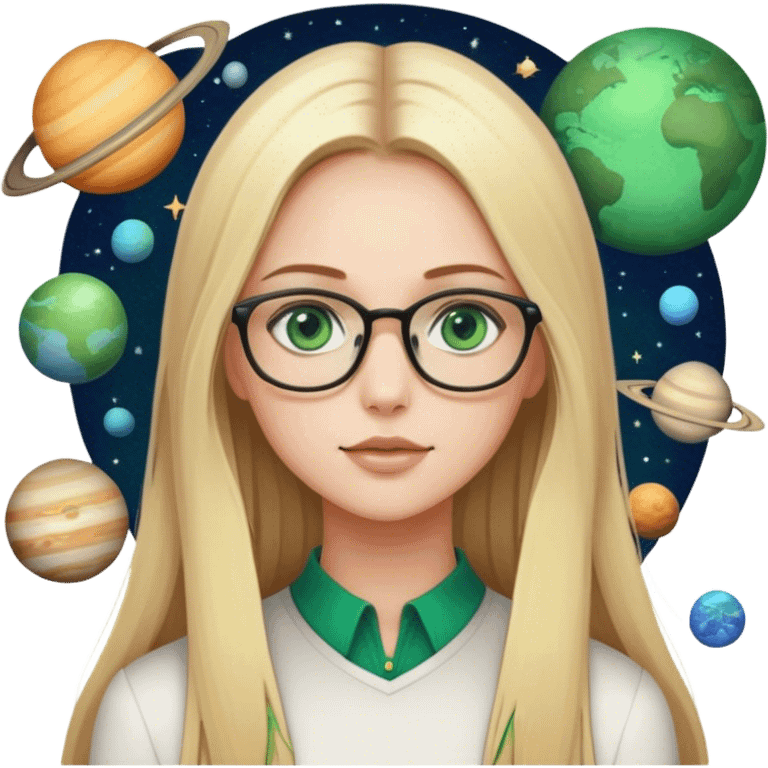 A blonde girl with long straight hair green eyes and glasses with many planets around her emoji