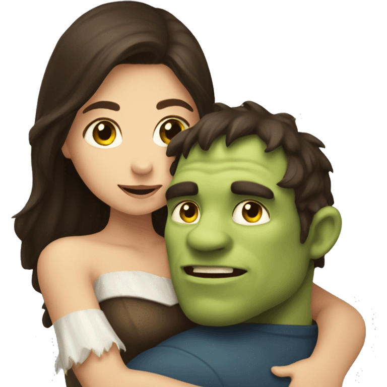 A pretty brunette hugging an ogre emoji