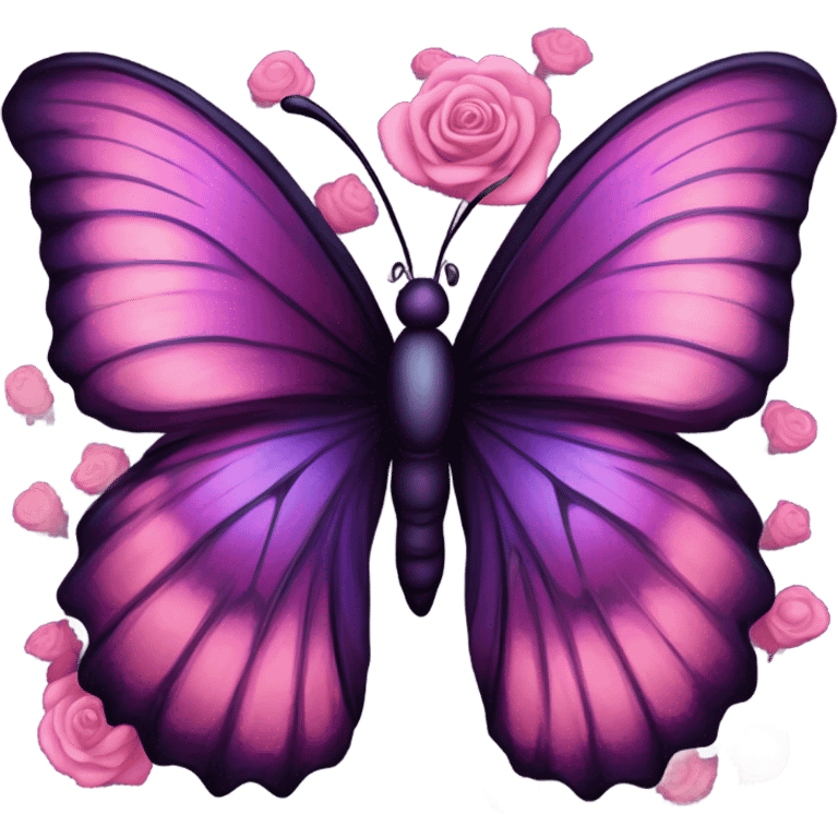 Aesthetic butterfly with purple and pink wings sitting on a dark purple bouquet of Roses in a pastel pink vase emoji