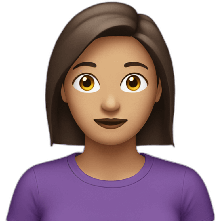 women,dark long brown hair,using purple tshirt whith letters "4tech emoji