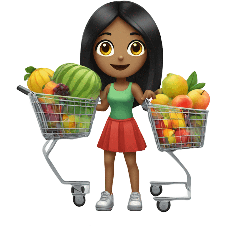 Girl with black hair with shopping cart full of fruits emoji